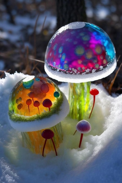 Cupcake assis dans la neige à côté d'un champignon ai génératif