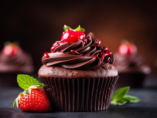 Cupcake au chocolat avec garniture au chocolat et aux fraises