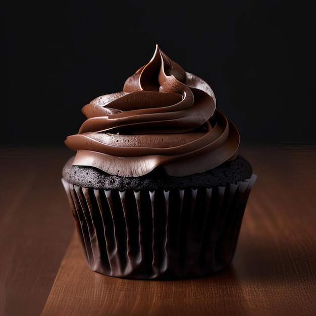 Un cupcake au chocolat avec un glaçage au chocolat et les mots " love " sur le dessus.