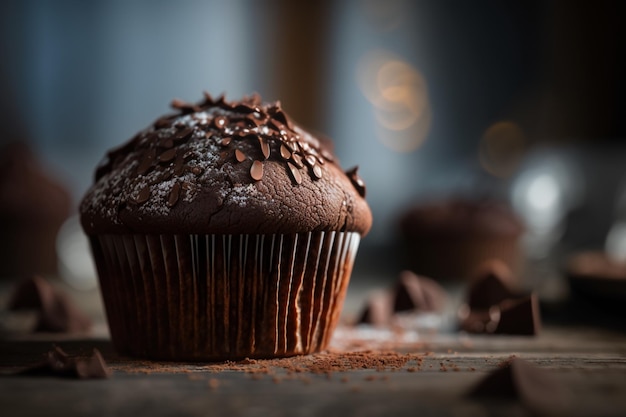 Un cupcake au chocolat avec glaçage au chocolat et pépites de chocolat sur une table.