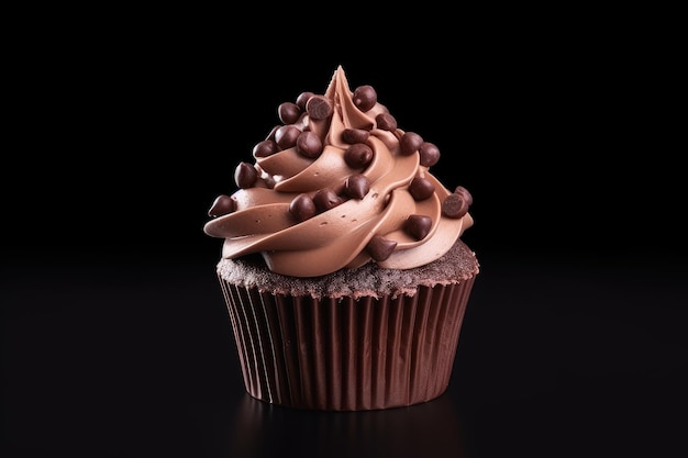 Un cupcake au chocolat isolé orné de crème fouettée et de gouttes de chocolat