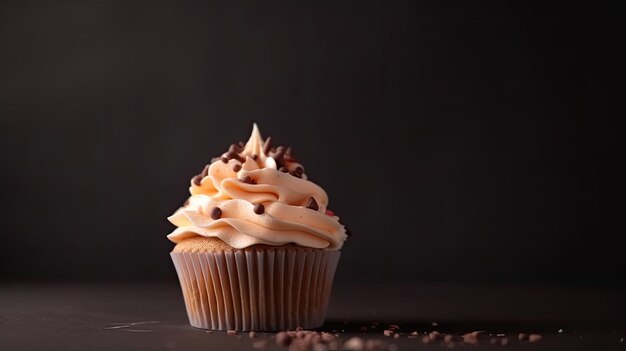 Un cupcake au chocolat avec des pépites de chocolat sur fond noir