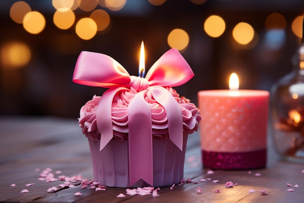 Cupcake aux chandelles coloré cadeau enveloppé d'un ruban rose une célébration brûlante du bonheur