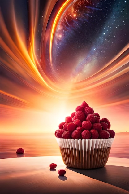 Photo un cupcake aux framboises dessus avec un fond de galaxie