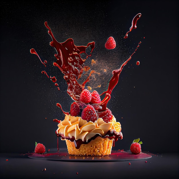 Un cupcake aux framboises et sauce au chocolat