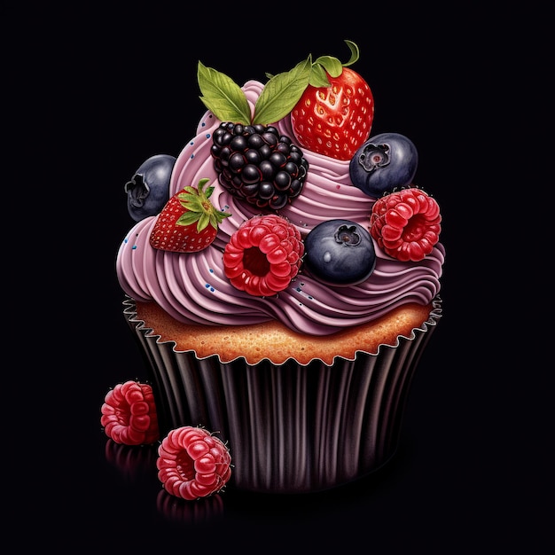 un cupcake avec des baies et un fond noir avec un fond noir