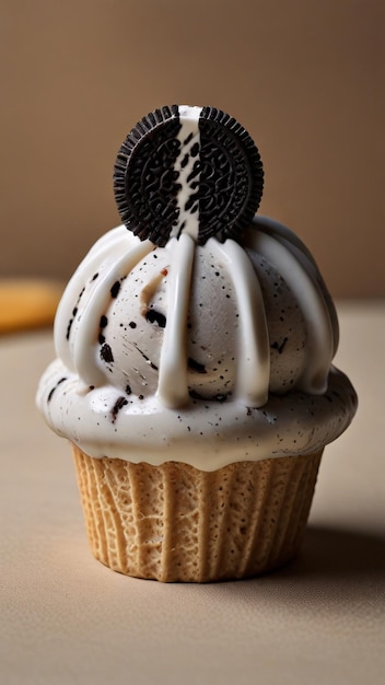 un cupcake avec un biscuit noir dessus a un biscuit dessus