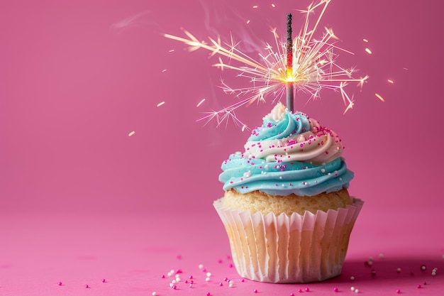 Photo un cupcake avec une bougie allumée sur le dessus