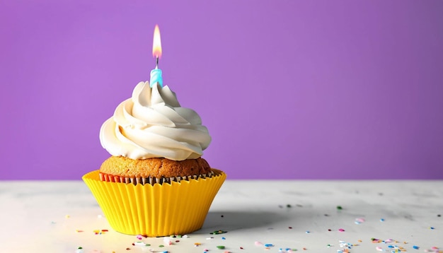 Un cupcake avec une bougie allumée dessus