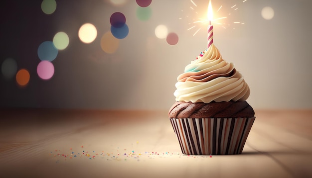 Un cupcake avec une bougie allumée est sur une table avec des lumières en arrière-plan.