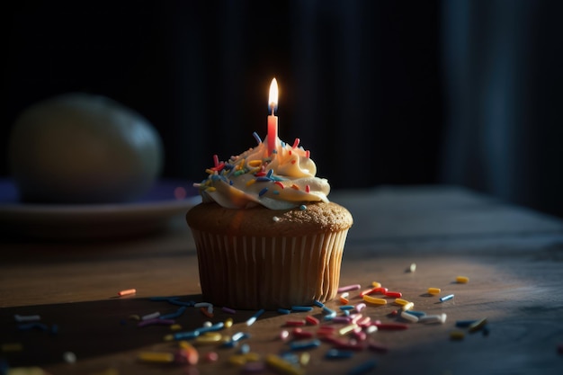 Un cupcake avec une bougie dessus