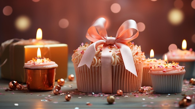 Cupcake avec bougie et thème de célébration de la boîte à cadeaux