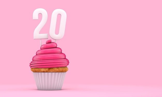 Cupcake de célébration d'anniversaire rose numéro 20 rendu 3D