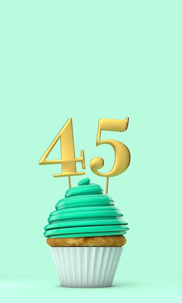 Cupcake de célébration d'anniversaire vert menthe numéro 45 rendu 3D