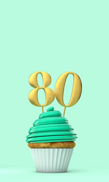 Cupcake de célébration d'anniversaire vert menthe numéro 80 rendu 3D