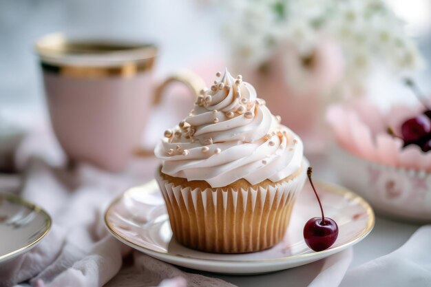 Un cupcake avec une cerise sur le dessus est posé sur une assiette.