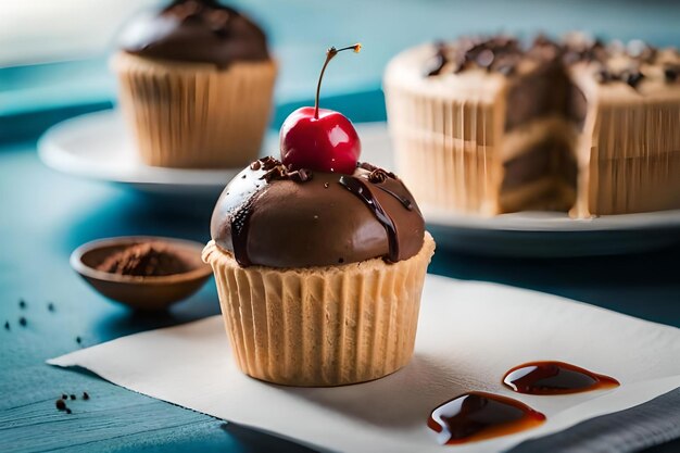 Un cupcake avec une cerise dessus