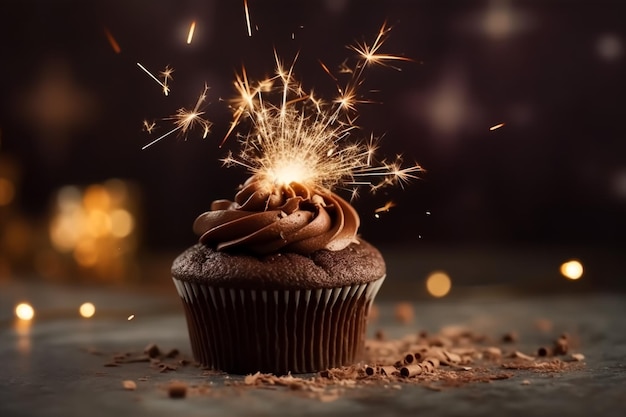 Un cupcake avec un cierge magique dessus