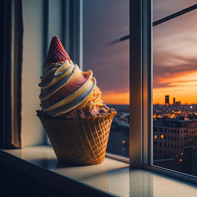 Un cupcake avec un cône dessus assis sur un rebord de fenêtre