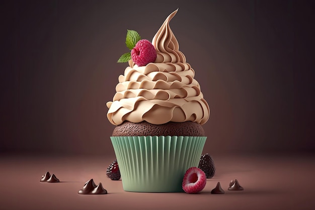 Cupcake à la crème au chocolat avec dessert sucré aux framboises Baked Food Generative AI