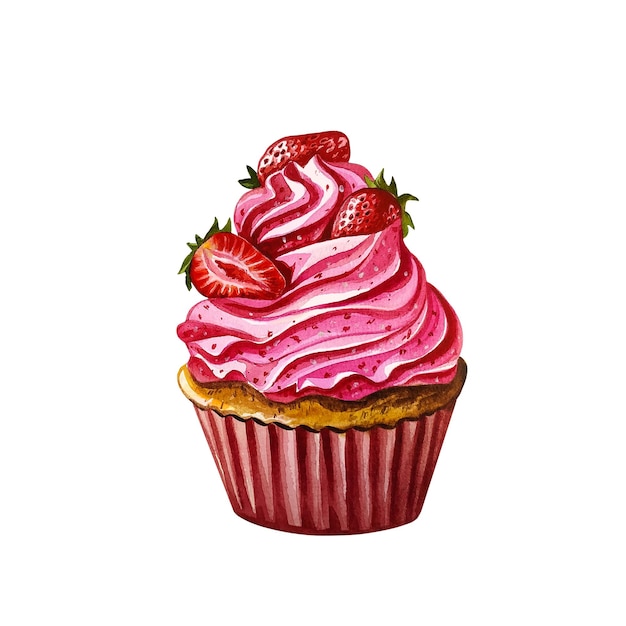 Cupcake à la crème et aux fraises, illustration aquarelle.