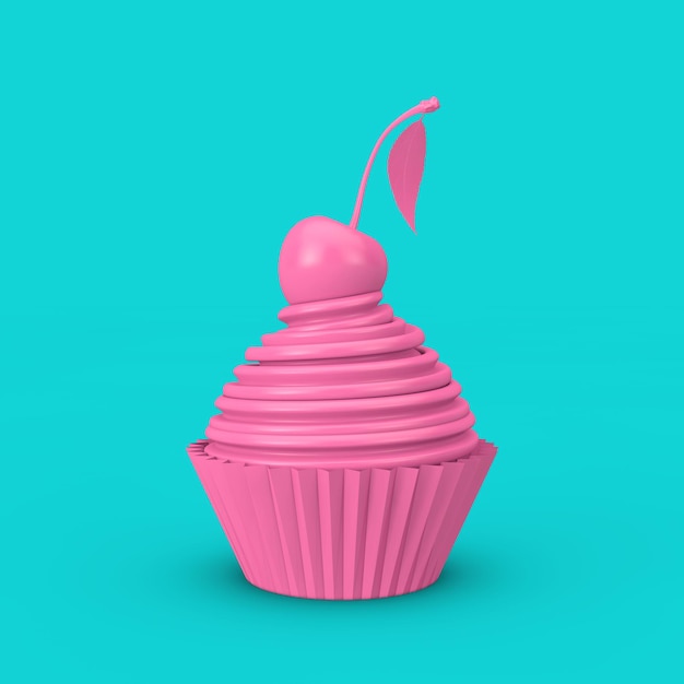 Cupcake à la crème glacée rose Sundae avec cerise en style Duotone sur fond bleu. Rendu 3D
