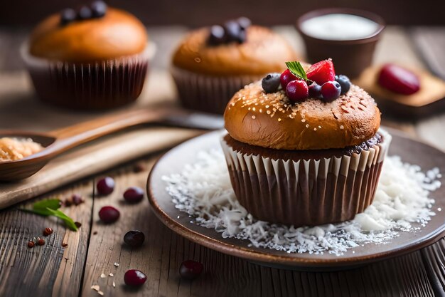 un cupcake avec une cuillère et une tasse de riz dessus