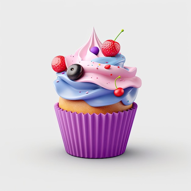 Un cupcake avec un cupcake violet avec un cupcake bleu dessus.