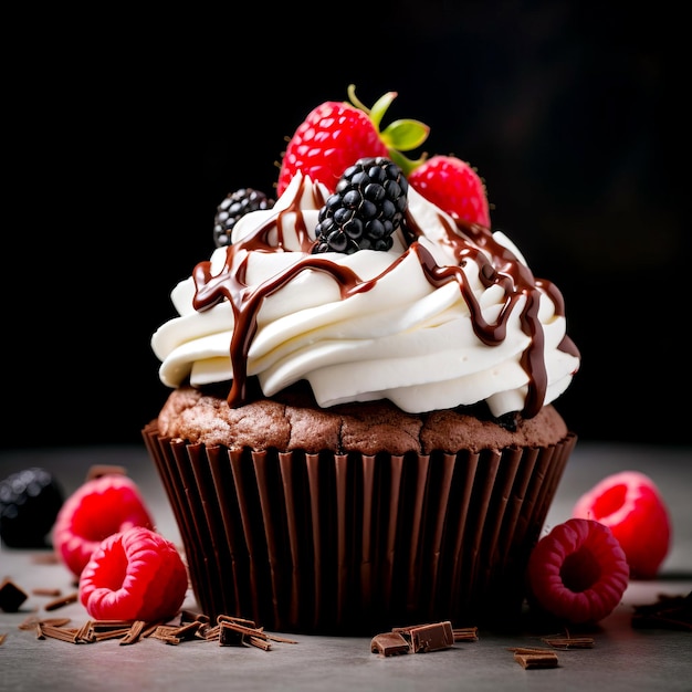 Cupcake décoré de baies de crème fouettée et de morceaux de chocolat ai générés