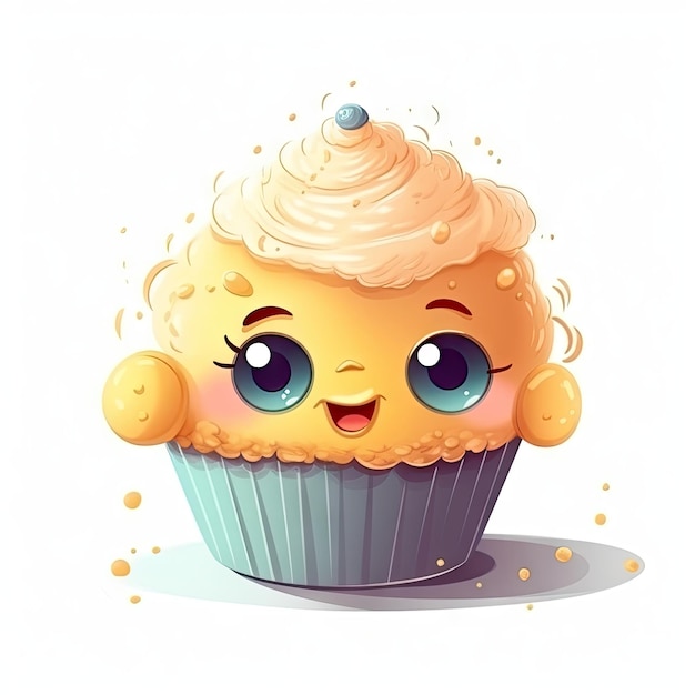 Cupcake de dessin animé moelleux avec un sourire mousseux et de jolis yeux gentils