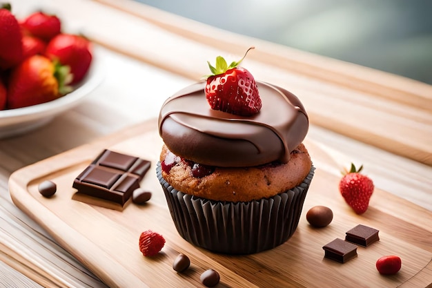 Un cupcake avec du chocolat et des fraises sur le dessus