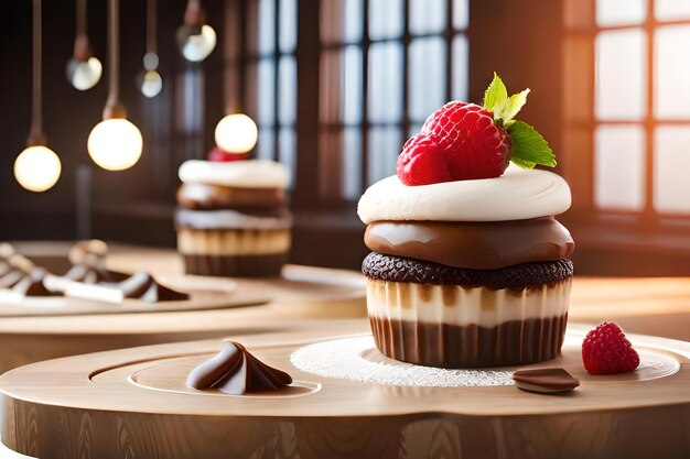 Un cupcake avec du chocolat et des fraises sur le dessus.