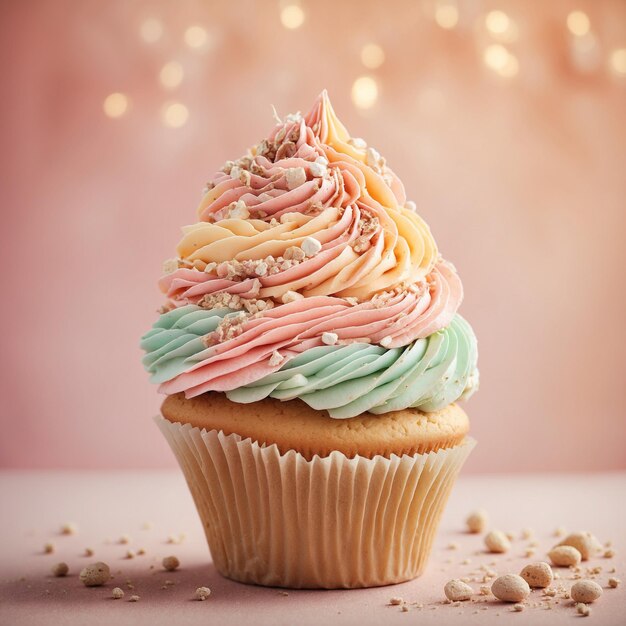 Un cupcake avec du glaçage au beurre sur fond rose avec des lumières bokeh