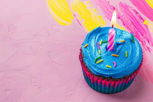 Photo un cupcake avec du glaçage bleu a une bougie allumée sur le dessus prête à faire un vœu