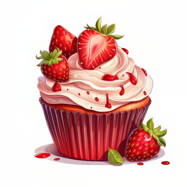Un cupcake avec du glaçage à la fraise et une fraise sur le dessus.