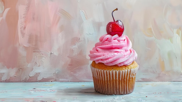 Photo un cupcake avec du glaçage rose et une cerise sur le dessus est assis sur une table bleue sur un fond rose