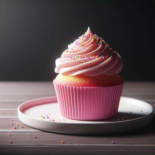 un cupcake avec du glaçage rose et des éclaboussures sur une assiette