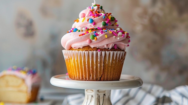 Un cupcake avec du glaçage rose et des éclaboussures colorées