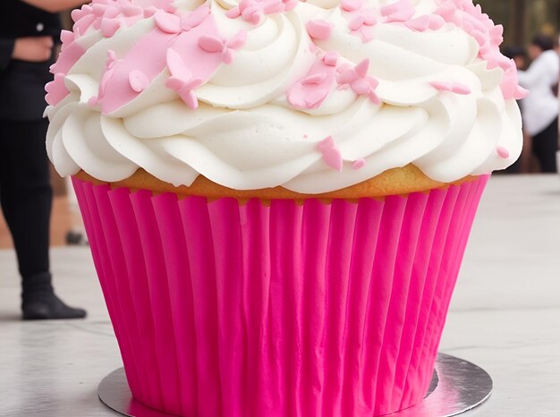 un cupcake avec du glaçage rose et une femme en arrière-plan