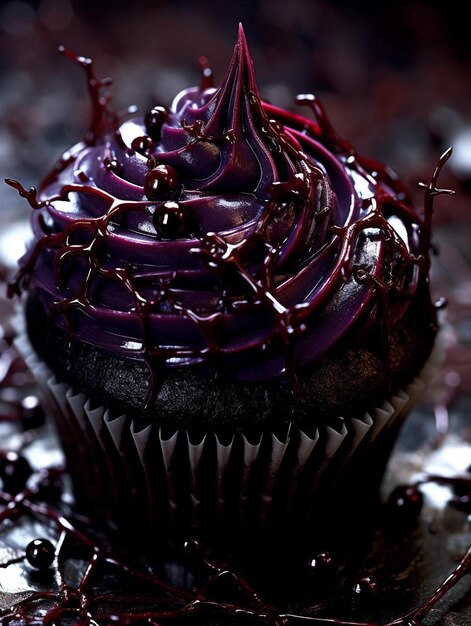 Photo un cupcake avec du glaçage violet et du glaçages violet dessus