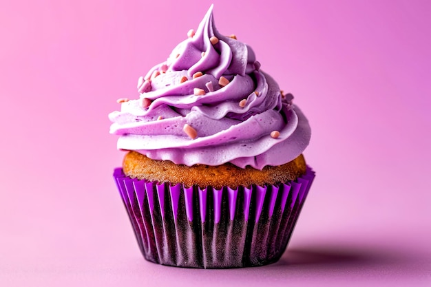 Un cupcake avec du glaçage violet et des éclaboussures sur le dessus