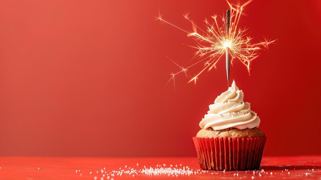 Photo un cupcake avec des étincelles sur fond rouge célébrant