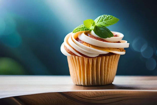 un cupcake avec une feuille de menthe dessus