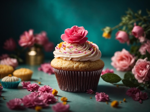 Photo un cupcake avec une fleur sur le dessus