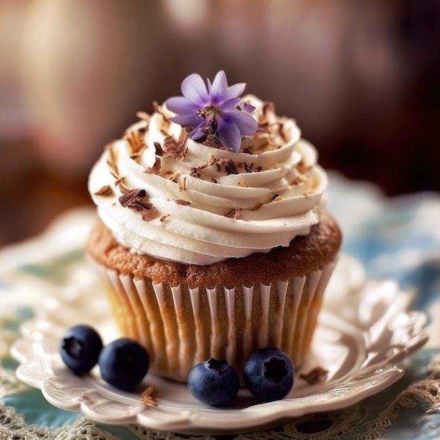 Un cupcake avec une fleur dessus