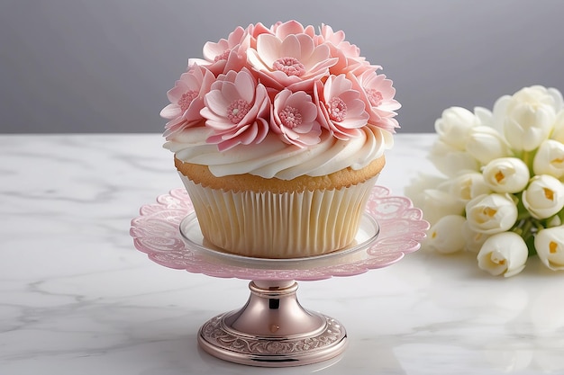 Un cupcake avec des fleurs roses sur un support