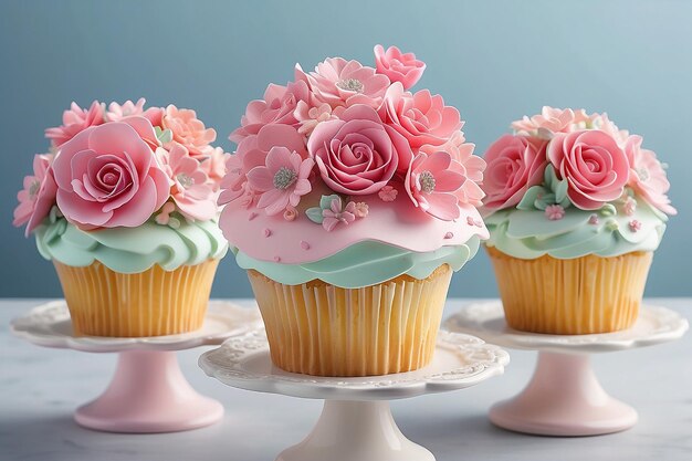 Un cupcake avec des fleurs roses sur un support