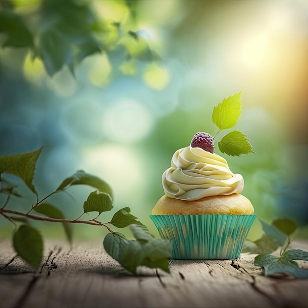 Cupcake sur fond de feuillage d'été de table en bois IA générative