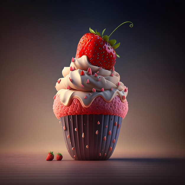 Un cupcake avec une fraise dessus