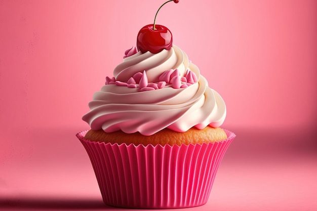 Cupcake garni d'un glaçage cerise et crème au beurre rose